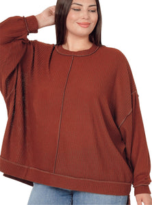 Rust Waffle Knit Basic Balloon Sleeve Top