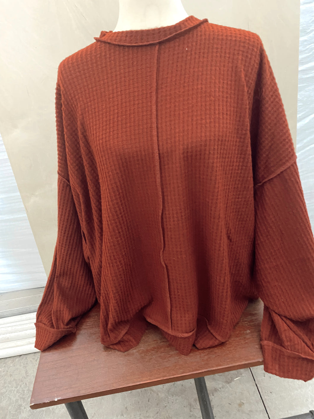 Rust Waffle Knit Basic Balloon Sleeve Top